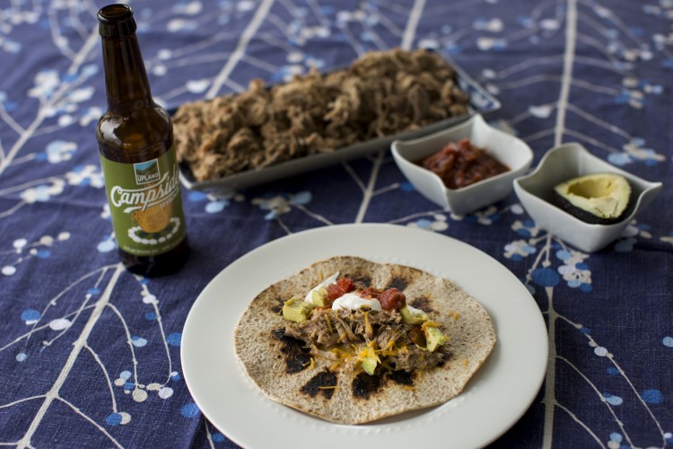 Pork Carnitas Tacos cooked in an Upland Campside Session IPA beer are seen on Wednesday, April 6, 2016, in Bloomington, Indiana. (Photo by James Brosher)